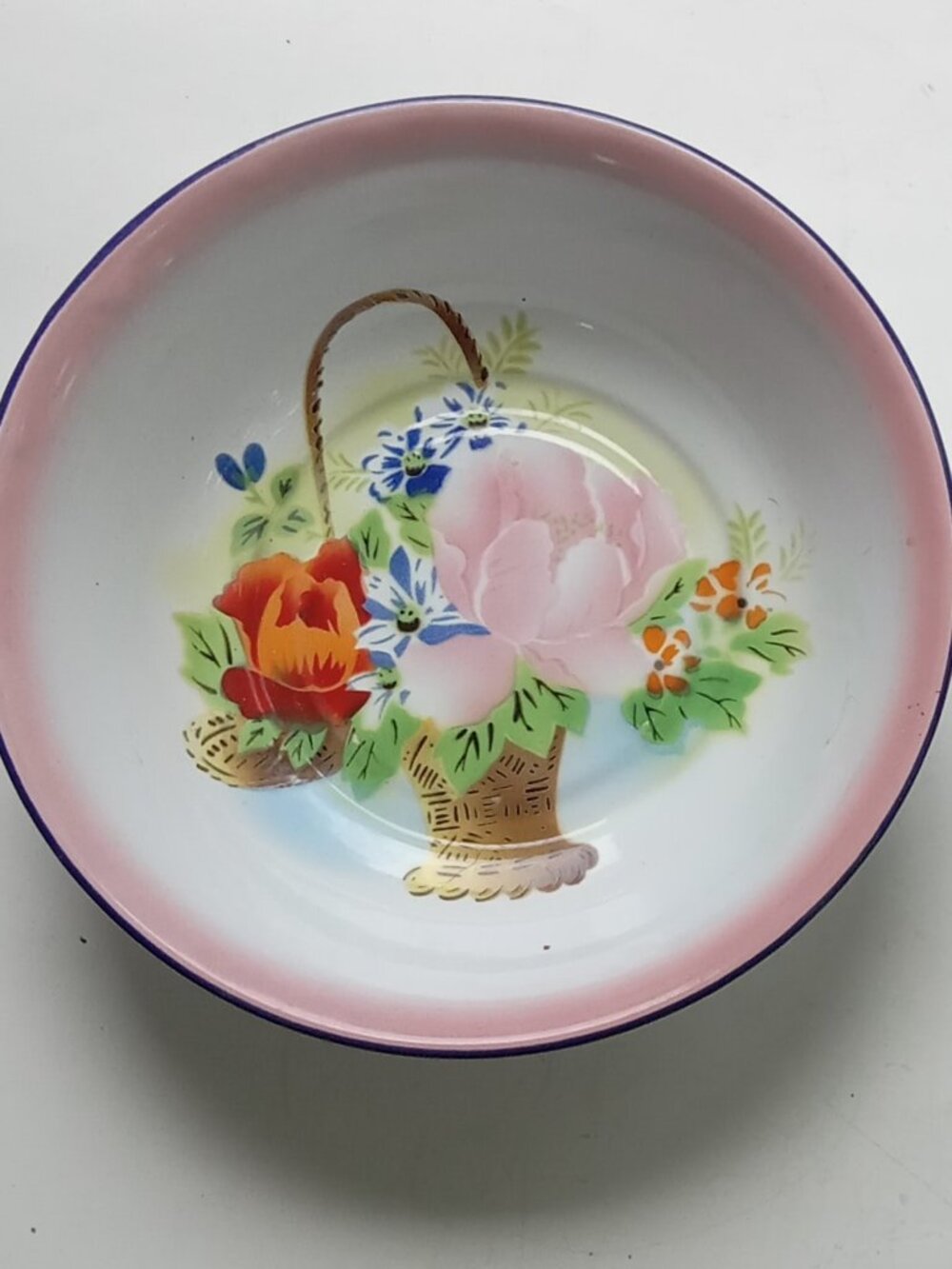 VTG Enamelware Bowl Lucky Elephant Brand China 1950s Floral Bouquet